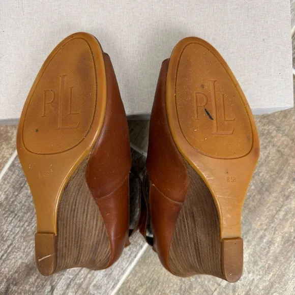 Ralph Lauren Hannie Brown T Strap‎ Peep Toe Wedge Sandals Leather Sz 8.5 - Picture 4 of 16